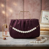 Elegant Pleated Maroon Handbag with Pearl Detail
