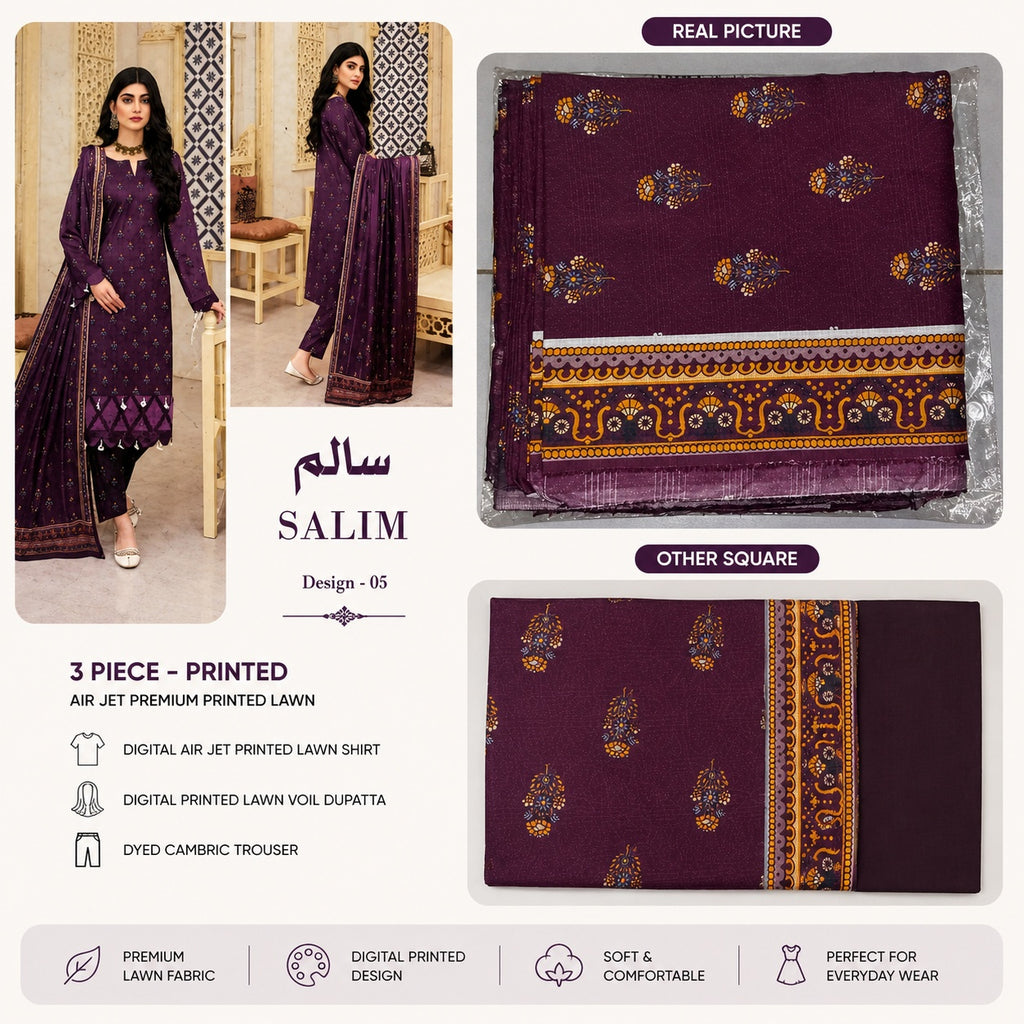 SALIM Design-05 3 Piece Printed Lawn Suit
